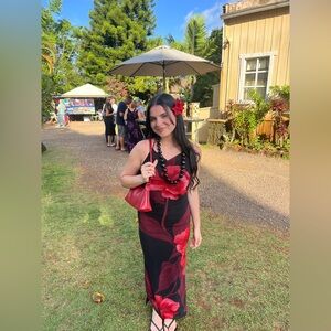 Elegant Red and Black Floral Dress